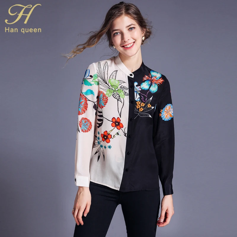 Multi H Han Queen Patchwork Printed Contrast Color Shirts Women Summer Full Sleeve Blouses Vintage Stand Collar Work Wear Vestido - Цвет: Multi