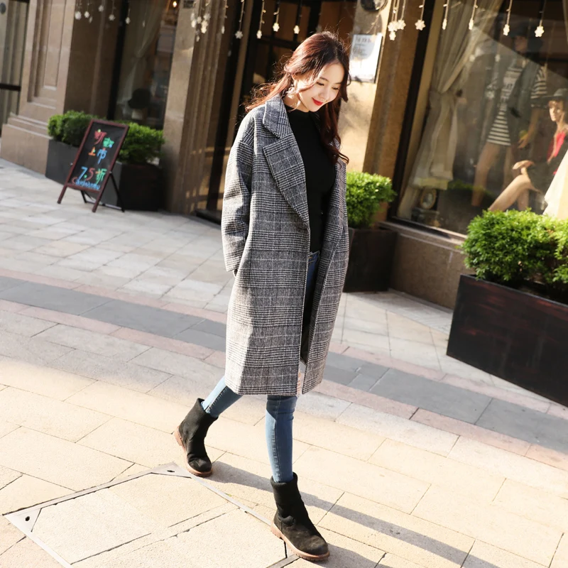 Новинка 2017 шерстяное пальто в клетку женское винтажное повседневное с лацканами