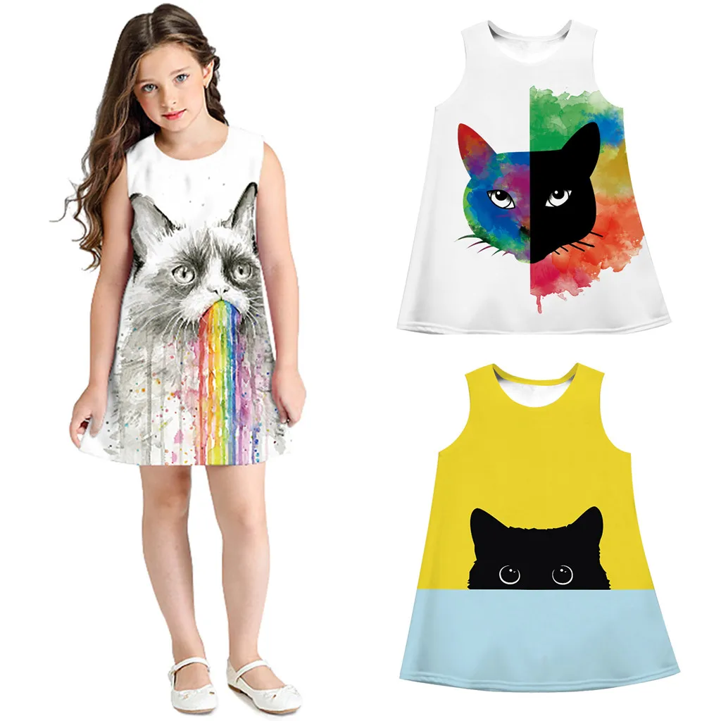 Teen Toddler Kid Girl Sleeveless 3D Cartoon Print O Neck Mini Dresses Casual Clothes High Quality Summer Outfits | Детская одежда и