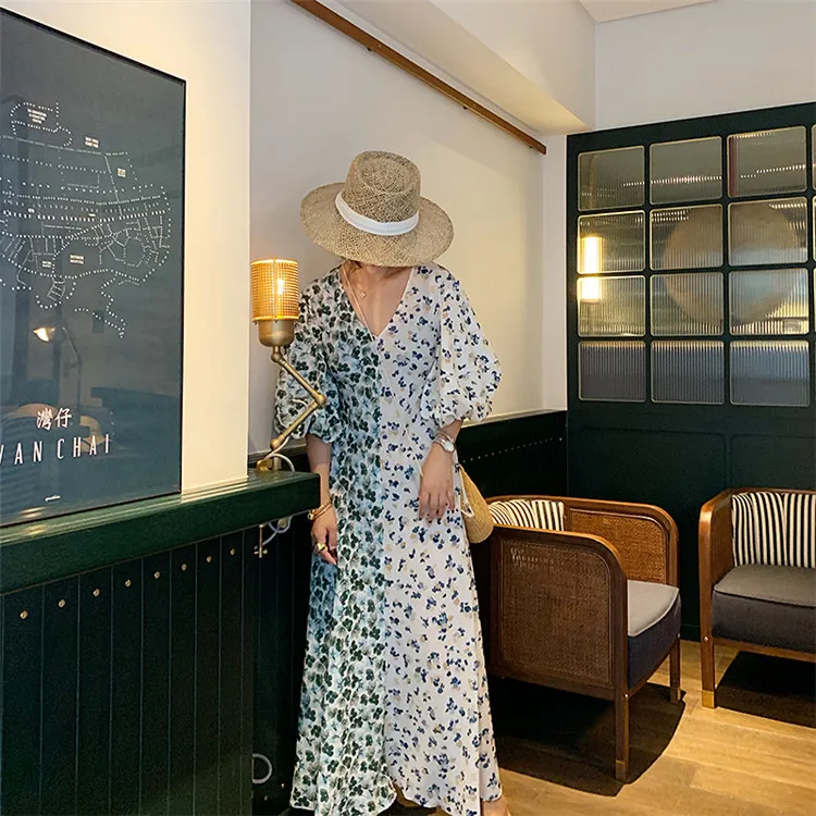 2019 Summer Deep V-neck Chiffon dress Puff Sleeve flower print Long Dress contrast color symmetry Vintage Fashion maxi M | Женская