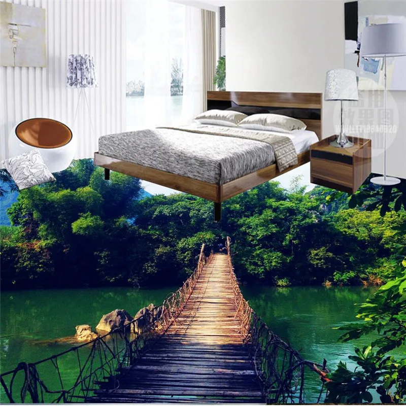 

beibehang Custom flooring 3D Wallpaper hanging wood bridge natural forest art bathroom waterproof anti - skid thick frescoes