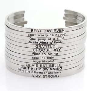 Stainless Steel 10pcs Mix Random Bangle Engraved Positive Inspirational Quote Hand Stamped Cuff Mantra Bracelet For Men Women