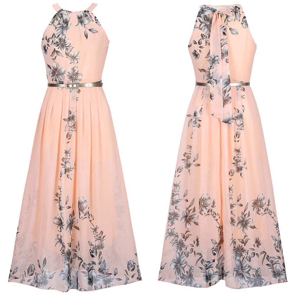 Женское шифоновое платье с цветочным принтом длинное пляжное макси лямкой на шее