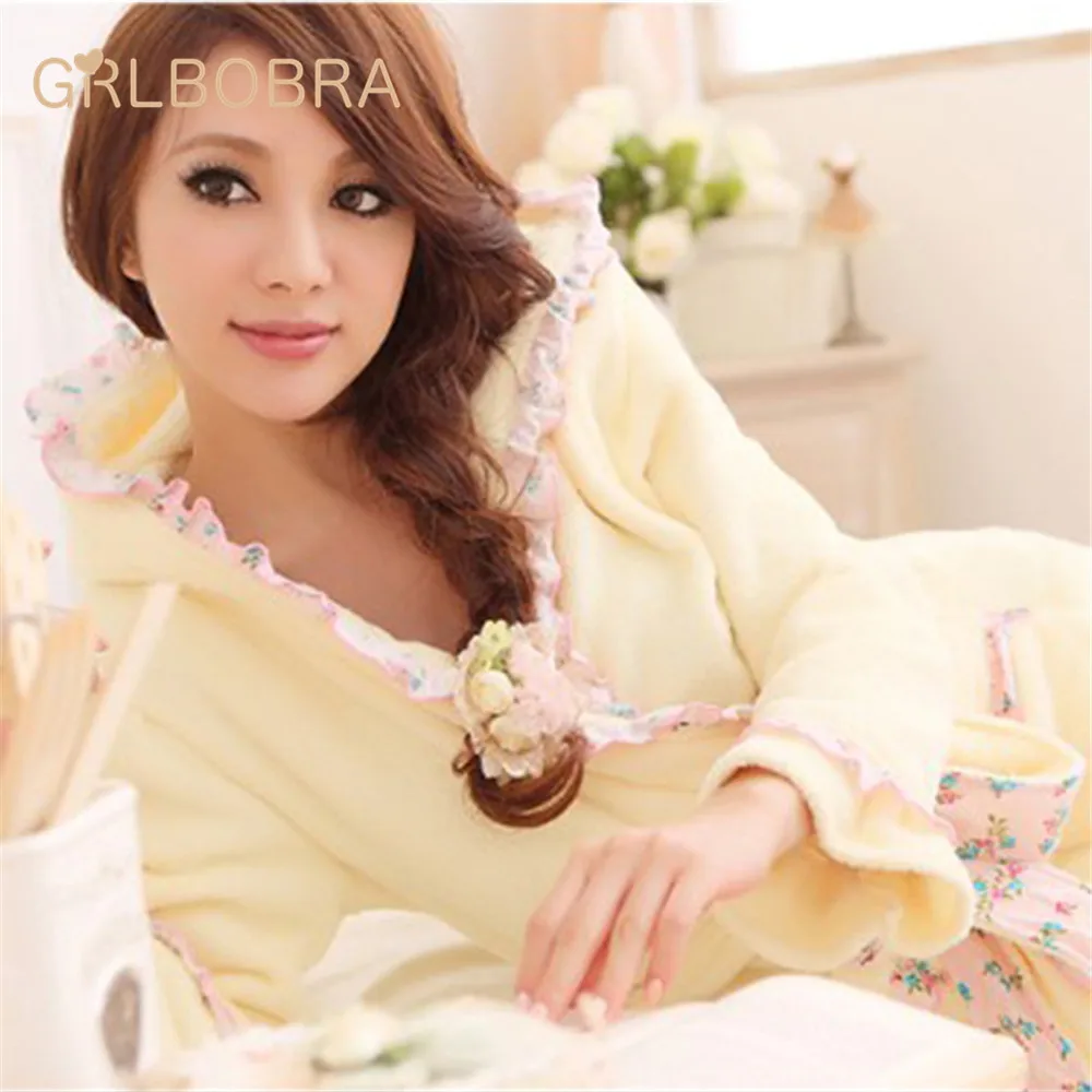 Для женщин Ночная рубашка зимняя утепленная с капюшоном кружева стороны халат