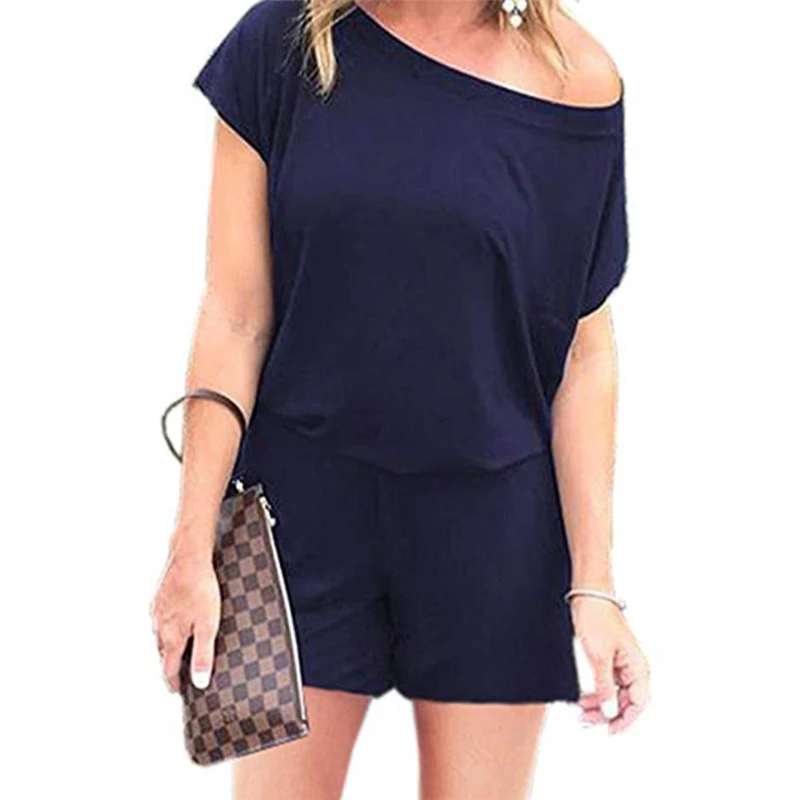 New Women's Single Shoulder Short Sleeve Jumpsuit Casual Pure Color Playsuit Ladies Sport Fitness Romper Beach Party WearSummer |