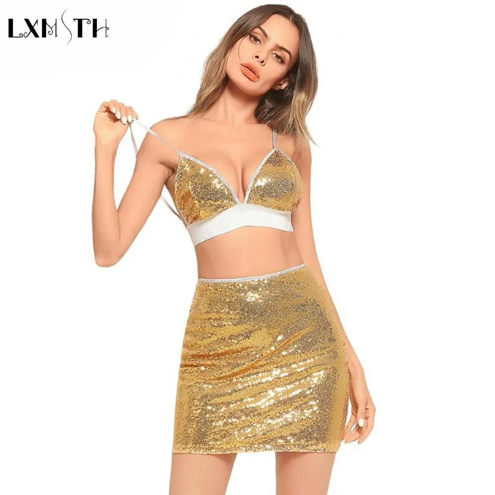 LXMSTH сексуальный комплект из двух предметов для женщин наряды Модный с блестками