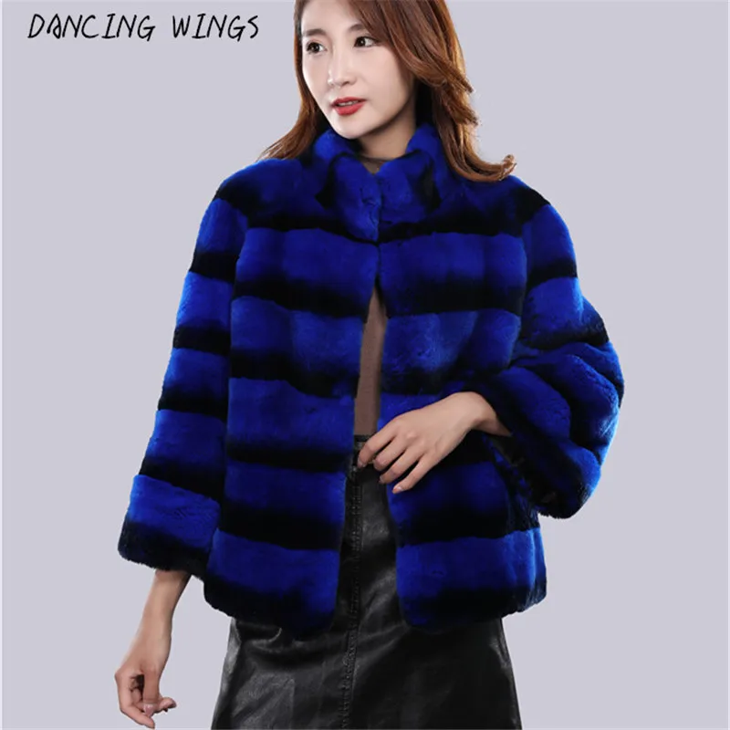 abrigos mujer invierno 2022 natural chinchilla Rex Rabbit fur coat jacket short overcoat stand collar striped outerwear coats enlarge