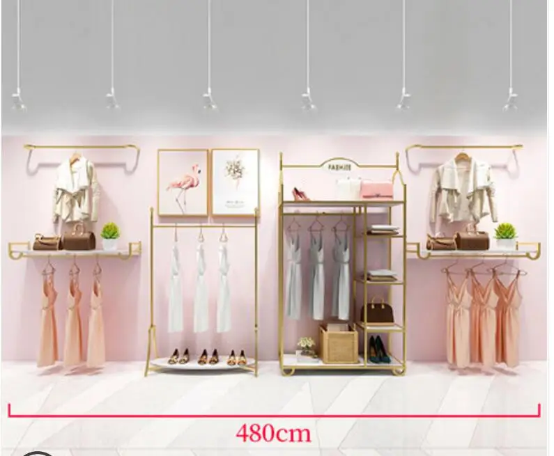 Europe type gold dress shop rack rack high grade clothes rack shoes bag double layer clothing display rack