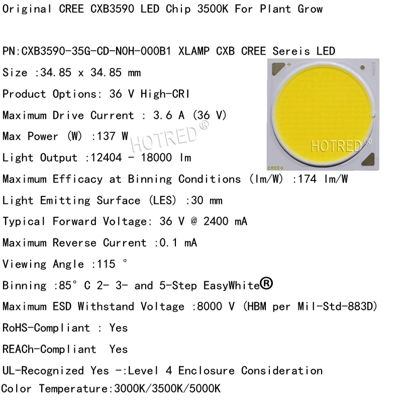 Cree COB CXB3590 CXB 3590 led лампа для выращивания 3000 K/3500 K/5000 K CD Bin 80 CRI 36V cob led лампа для выращивания медицинских растений