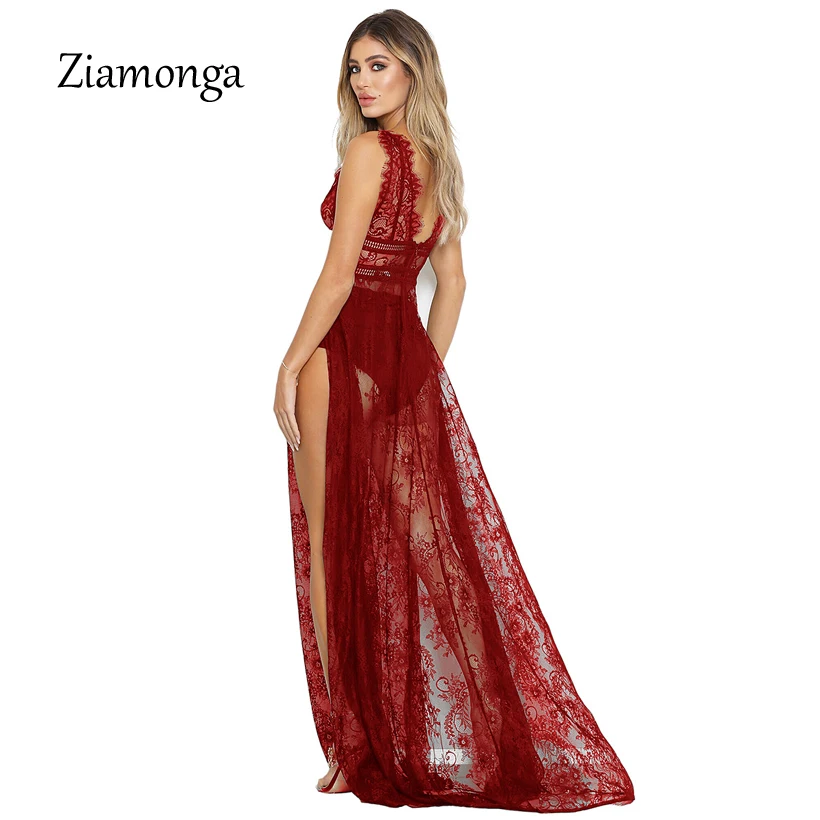 Ziamonga Для женщин летние длинные платья макси цветочные кружева рукавов Boho вечерние платье пикантные Разделение спинки Туника пляжное платье