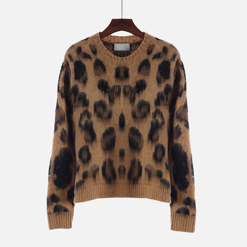 2019 Autumn Women Fashion Mink cashmere Leopard Print Short Pullovers Soft Thickening O-Neck Loose | Женская одежда