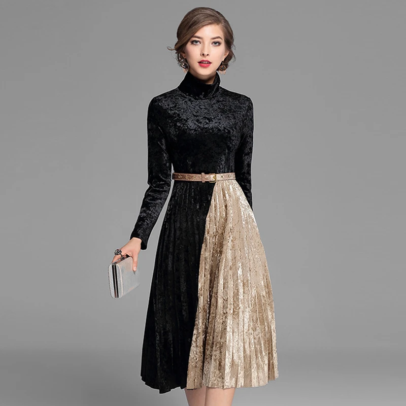 Велюровое платье Для женщин лоскутное плиссированные водолазка Одежда с длинным