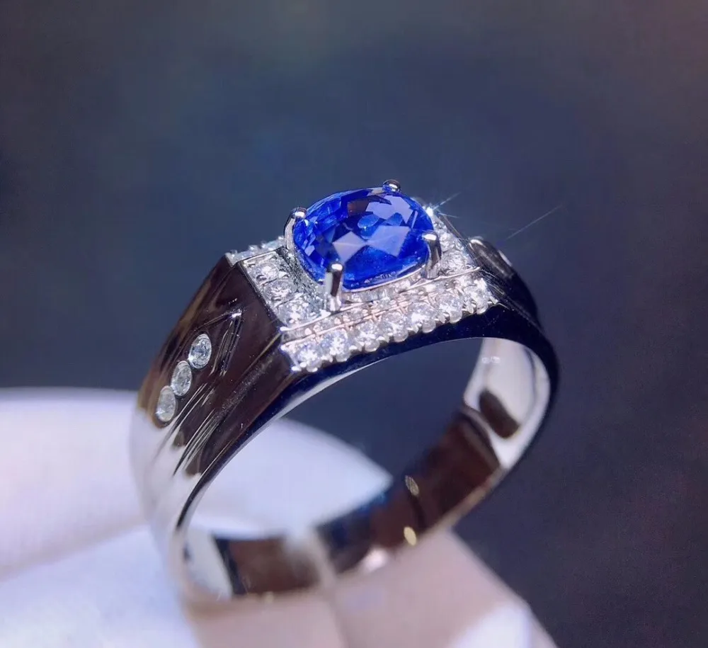 Ювелирные изделия из чистого 18 K Белый Золотой настоящие натуральные васильковые синие сапфировые 1ct драгоценные камни Бриллианты мужские кольца для мужчин тонкое кольцо