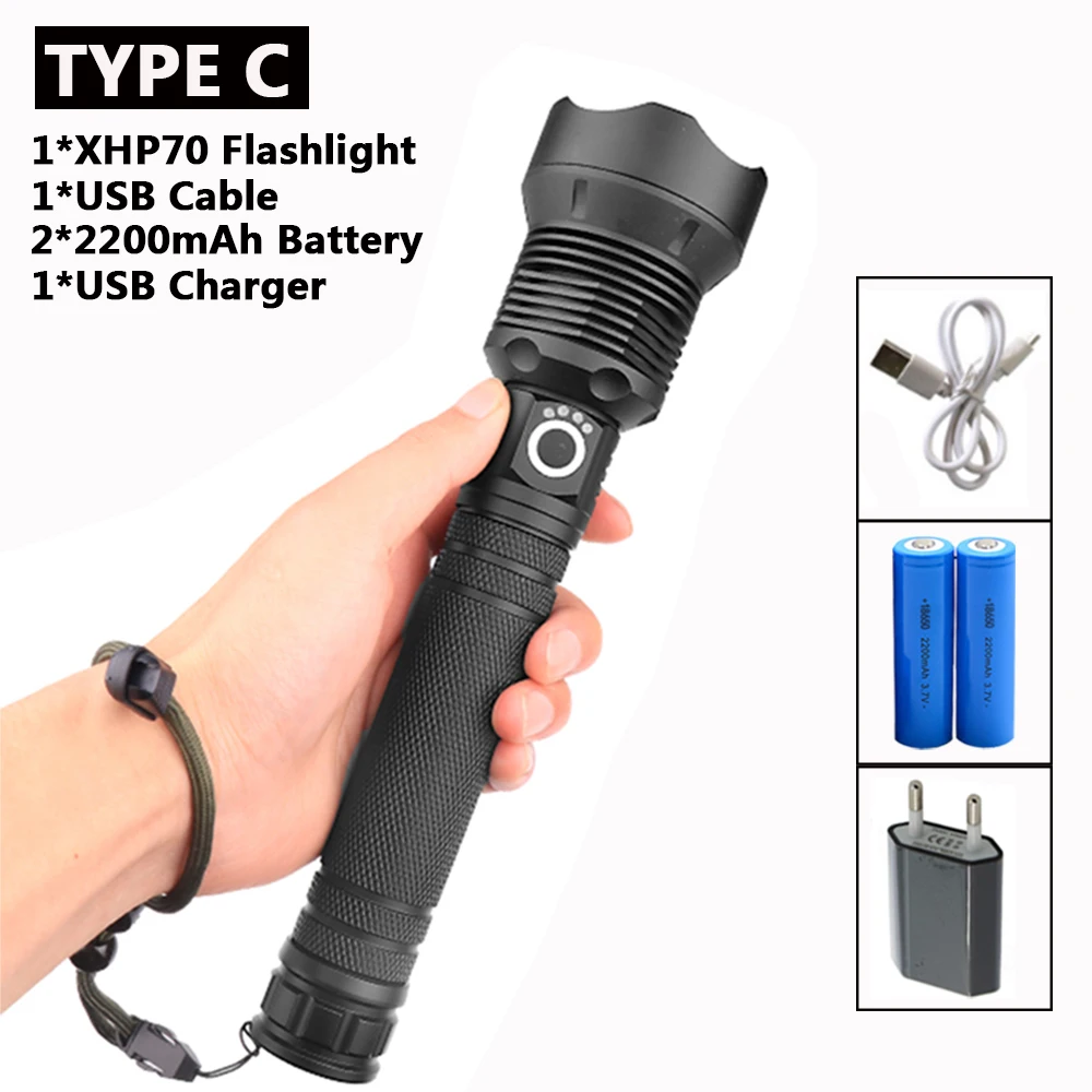 TYPE C XHP70 фонарик перезаряжаемый фонарик 40000LM тактический фонарь обороны flashligh zoom лампа для кемпинга охоты мощный - Испускаемый цвет: TYPE C