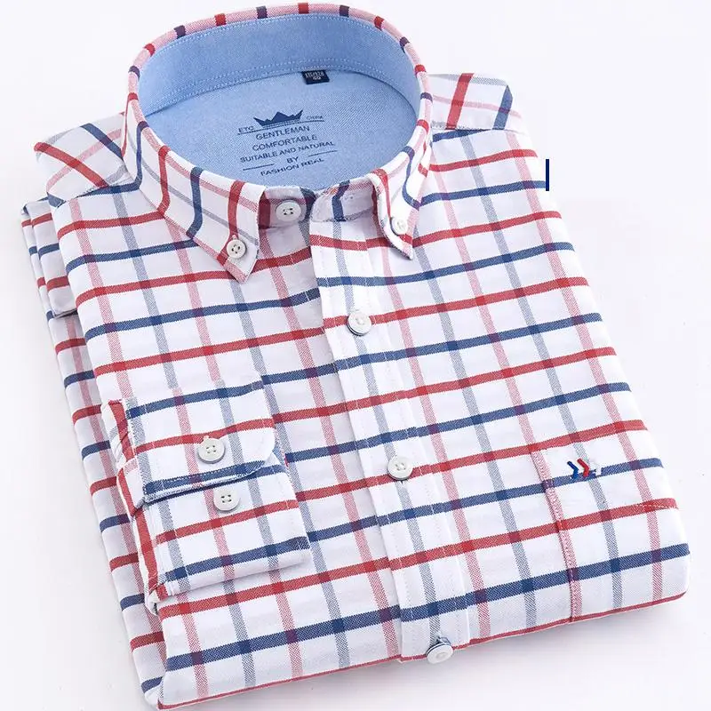 

2019 New Plaid Leisure Office Work Wear Dresmen's Oxford Cotton Regular Fit Casual Button Down Shirts Long Sleeve