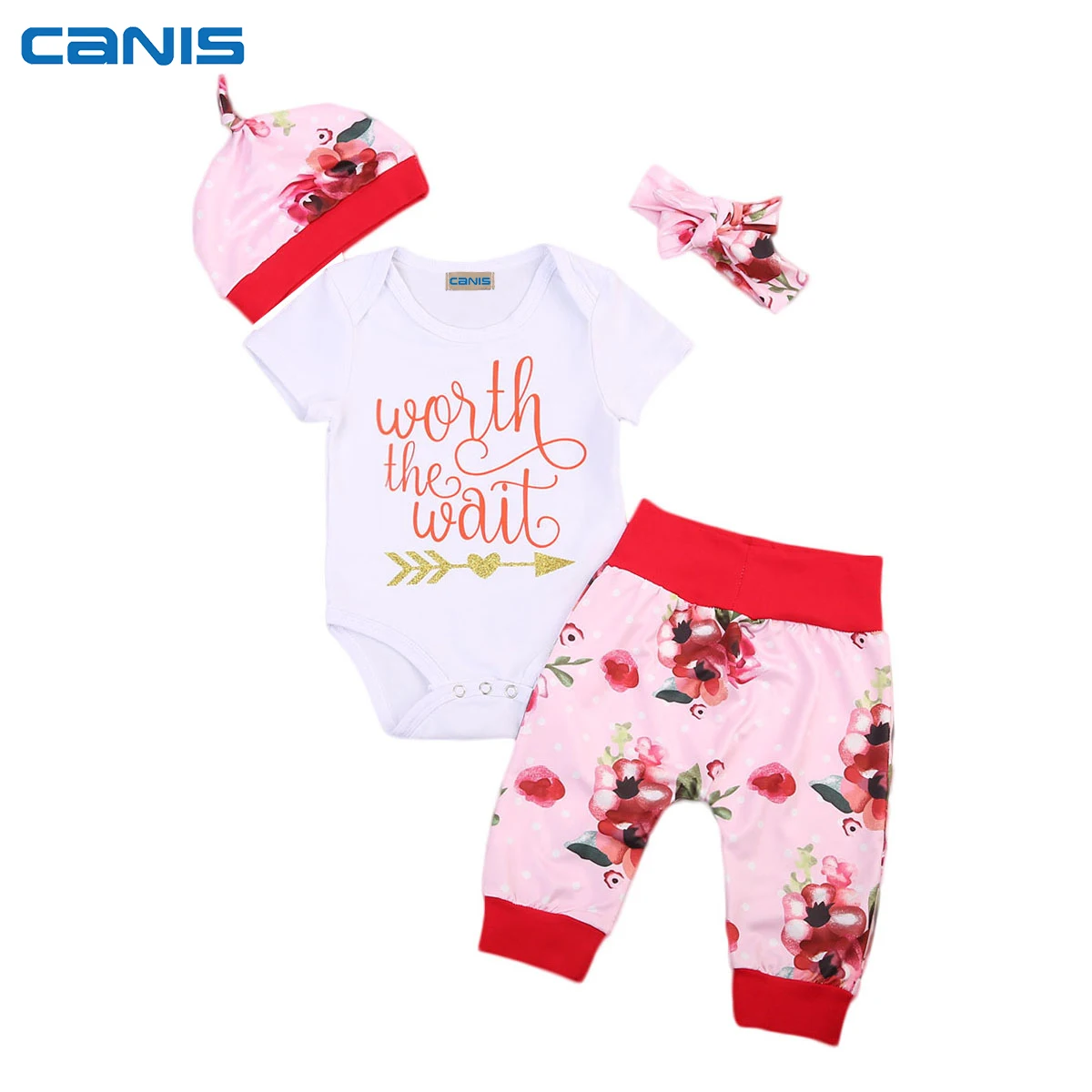 

Newborn Baby Girls Worth the Wait Tops Romper Pants Floral Coming Home Outfits pudcoco Infant BabyGirls Cotton Romper 4PCS