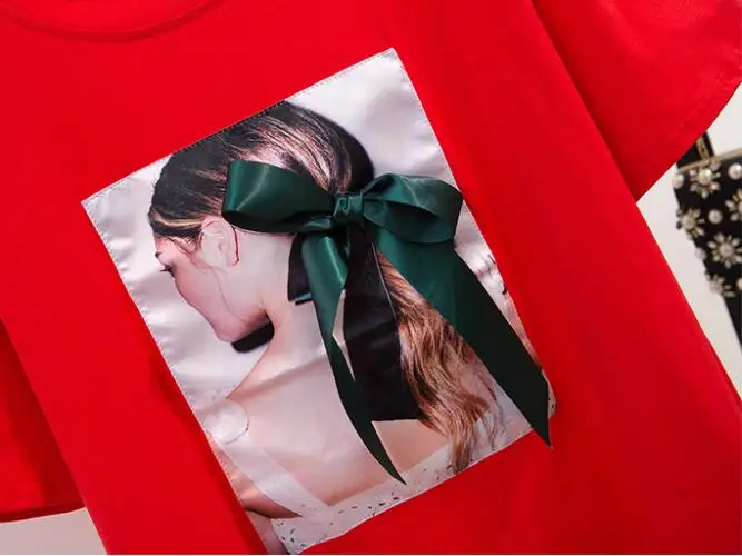 Women Bow Appliques Tshirt +Letter Denim Shorts 2PCS Sets Short Sleeve Cotton Tops + Jeans Mini Clothing Suits | Женская одежда