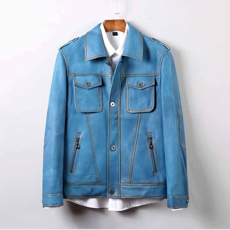 Мужская кожаная куртка из овечьей кожи синяя натуральной с отложным воротником