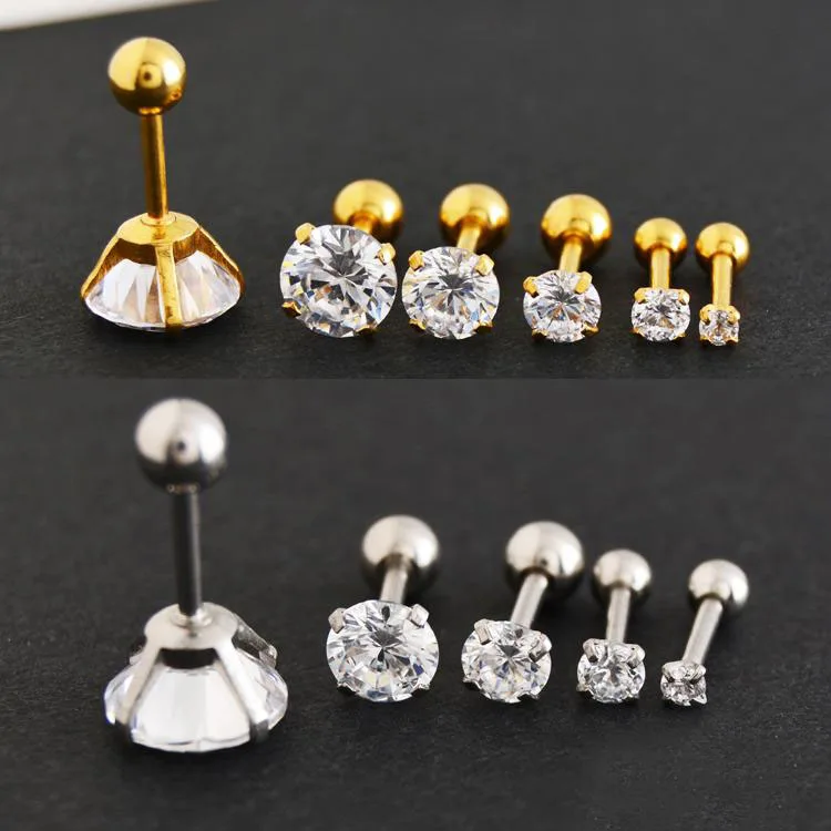 

HENGKE Jewelry Zircon Earrings Ear bone Nails Anti Allergic Round CZ Clear Crystal Gem Tragus 316L Stainless Steel Women