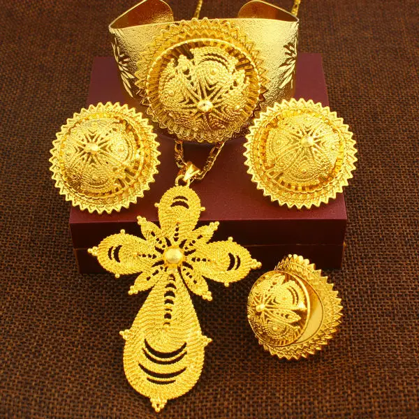 Новый большой комплект ювелирных изделий из эфиопского Креста 24 к золотого цвета