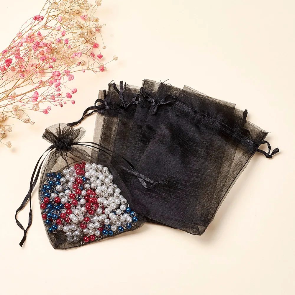 

100pcs Organza Bags, Rectangle, Black, about 10cm wide, 15cm long