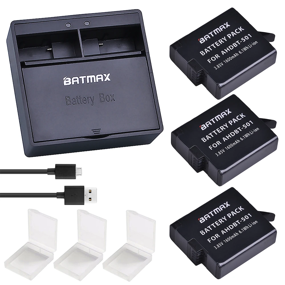 Аккумуляторная батарея Batmax 1600 мАч 501 + зарядное устройство USB для камер Go pro 8 Gopro Hero 5 Gopro Hero 6 New Gopro 7, 3 шт.