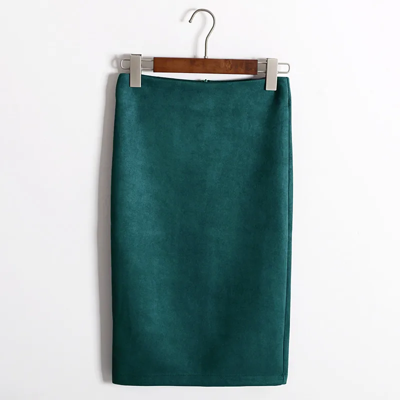peacock green Разноцветная Женская юбка, зимняя однотонная замшевая рабочая одежда, облегающая юбка-карандаш средней длины, осенне-зимняя облегающая женская юбка SP012 - Цвет: peacock green
