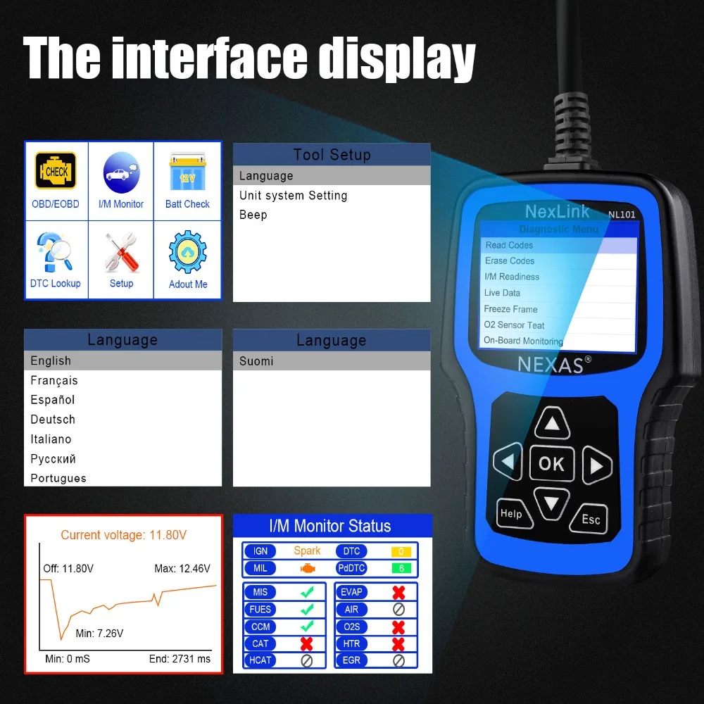 NEXAS NL101 OBD2 автомобильный сканер OBD OBD2 считыватель кодов неисправностей в режиме реального времени EVAP PK CR3001 ELM327 EOBD OBDII диагностический инструмент