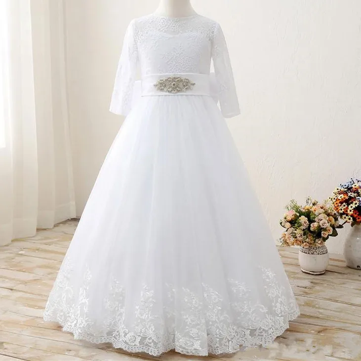 

White Tulle Flower Girl Dress with Belt Buttons Bow 3/4 Long Sleeves First Communion Dress Custom Longo
