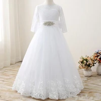 white tulle flower girl dress with belt buttons bow 34 long sleeves first communion dress custom longo