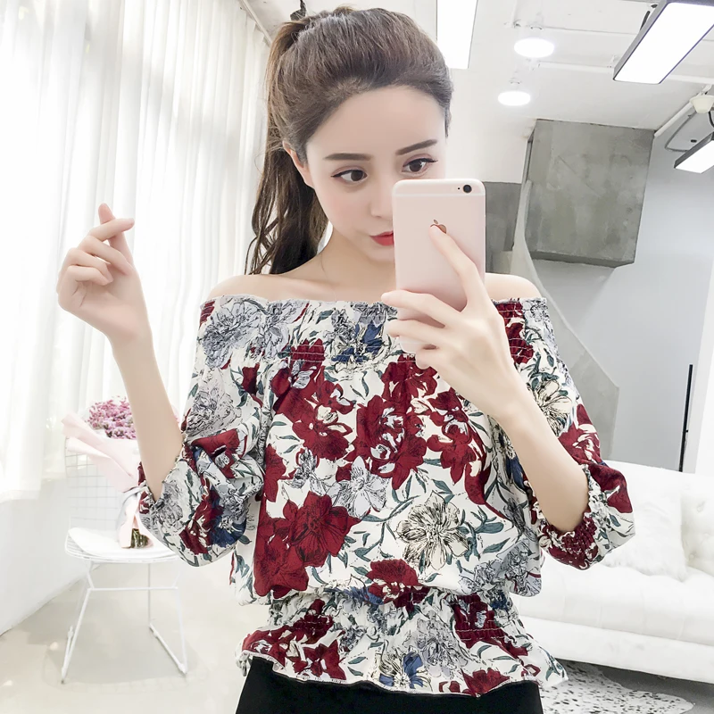 7603 новые шифоновые свитера с цветочным принтом и рукавами |