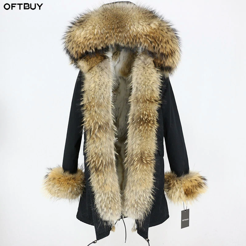 OFTBUY длинная парка, пальто с натуральным мехом, зимняя куртка для женщин, воротник из натурального меха енота, капюшон, теплая толстая подкладка из меха кролика, уличная одежда