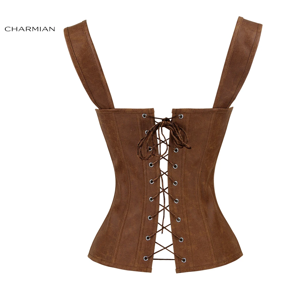 Charmian, корсет из искусственной кожи, сексуальный коричневый стимпанк корсет на молнии, корсет на груди, на шнуровке, жилет, корсет, корсет, Espartilhos для женщин