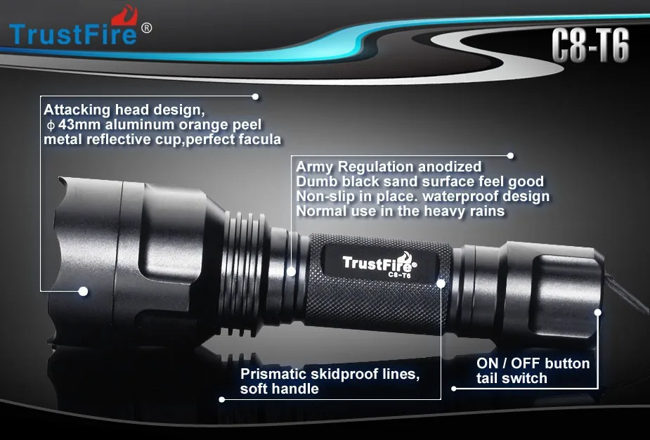 TrustFire C8 CREE XM-L 5 Режим C8-T6 18650 фонарь 1000 люменов 18650 аккумулятор