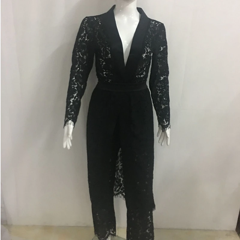 2018 черный Кружево крючком из двух частей комплект женские комбинезон и