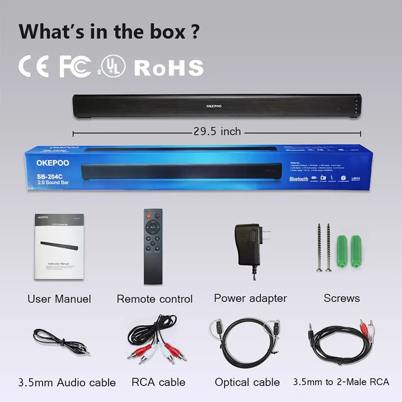 OKEPOO Bluetooth ТВ Саундбар 29,5 ''2,0 канальный аудио стерео 40 Вт Оптический RCA 3D объемный домашний кинотеатр система настенное крепление