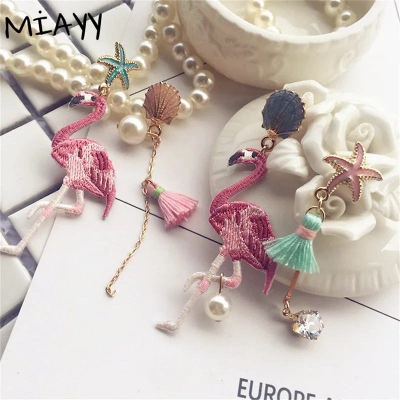 Fashion Tassel Flamingo Earring For Women Shell Pearl Star Handmade Asymmetric Statement Bohemia Jewelry Holiday | Украшения и