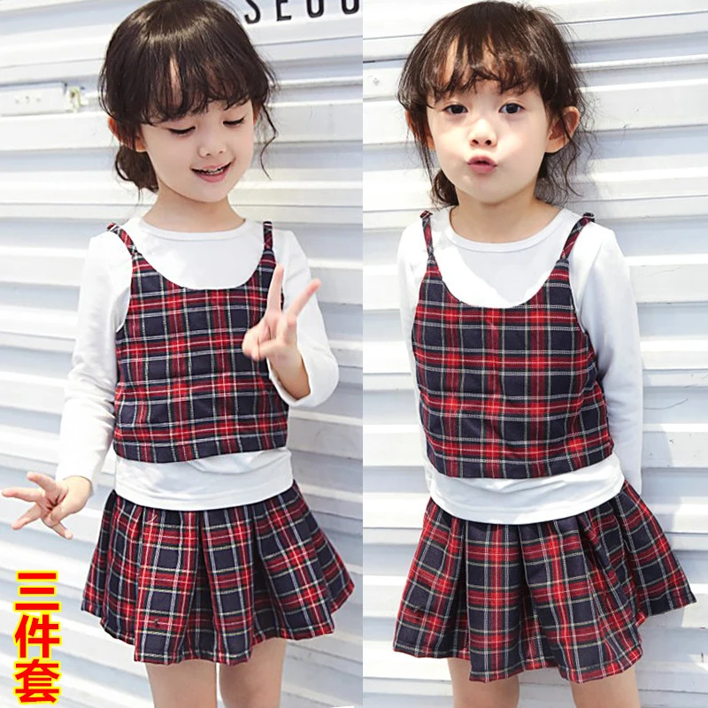 2017 Autumn Children Girls clothing set Sling vest + long sleeve T shirts +Plaid Skirts 3 pcs Clothes Suits School Uniform | Детская