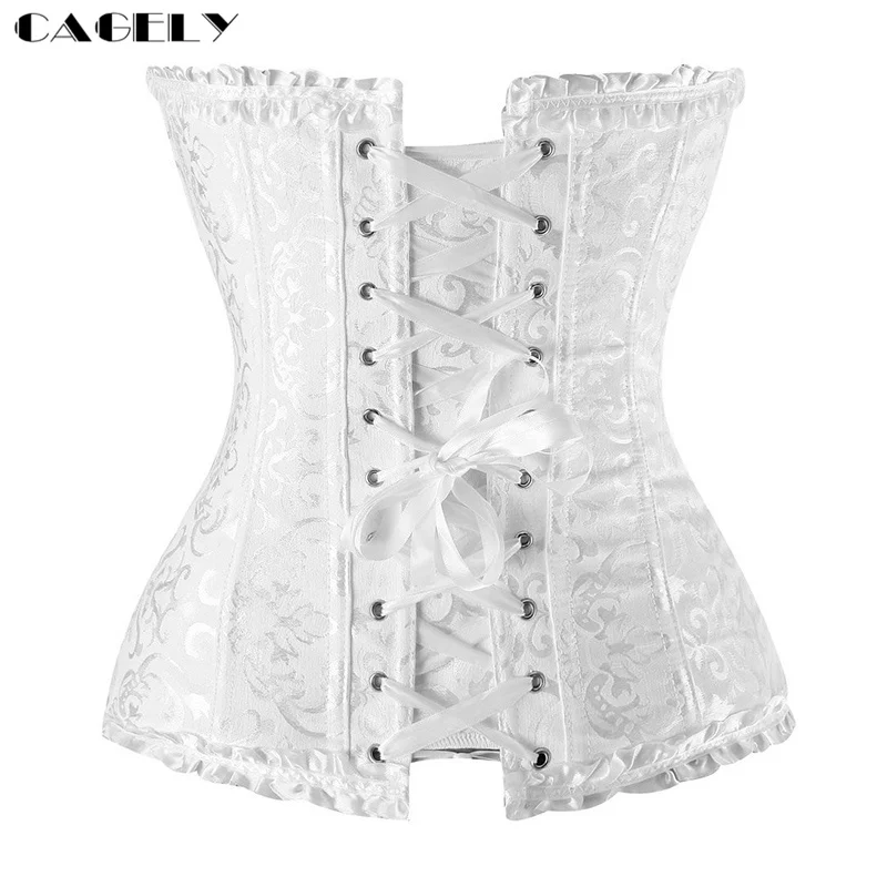 Белый Классический корсет Добби на молнии топ Цветочная парча шнуровке бюстье