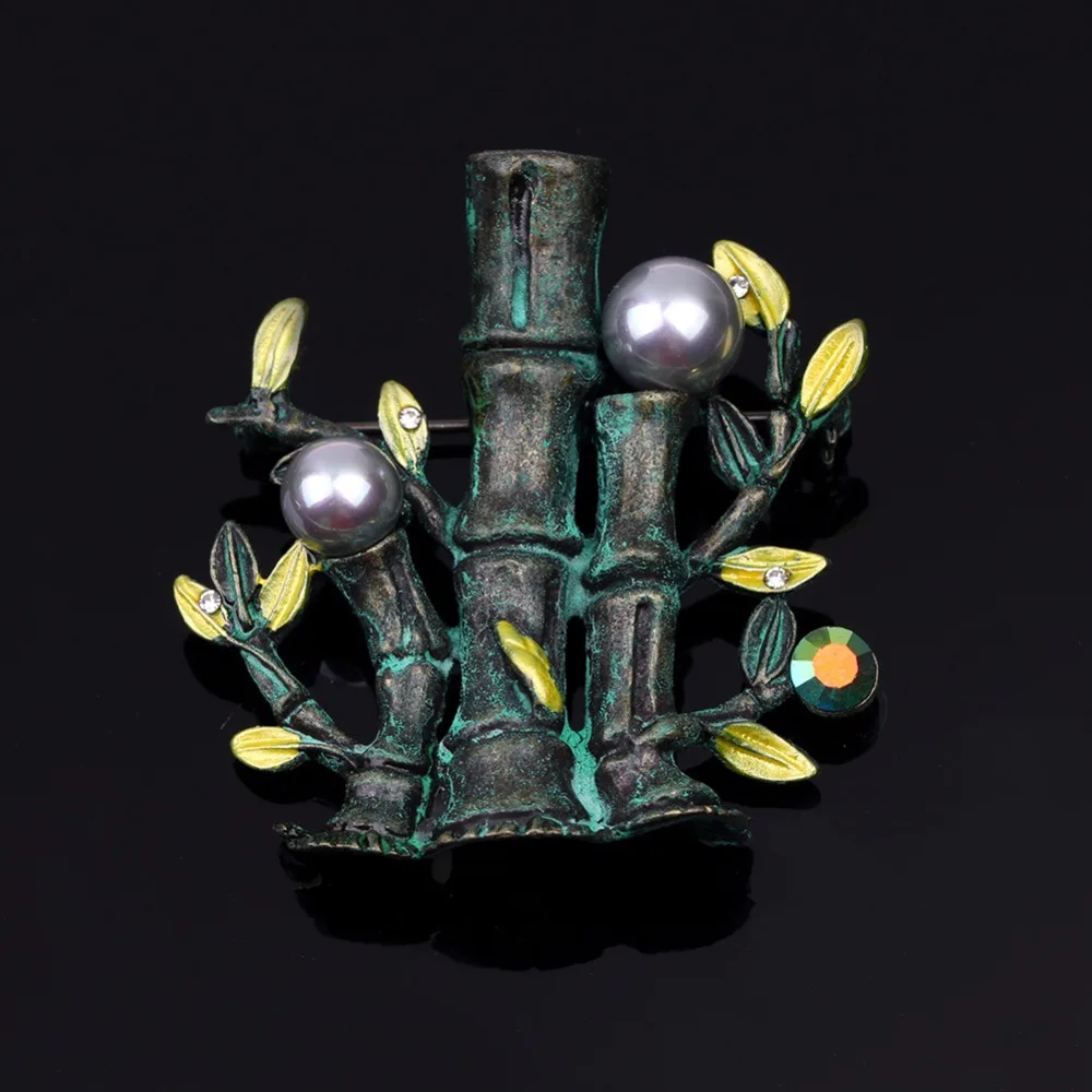 Имитация жемчуга Броши бамбук фестиваль брошь Шпильки Кристалл Стразы листья