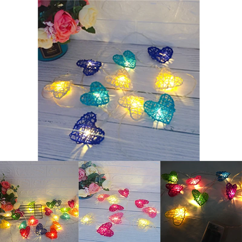 10 Led Rattan Love Heart Fairy String Decorative Lights Battery Operated Christmas Outdoor Patio Garland Wedding Decoration | Лампы и