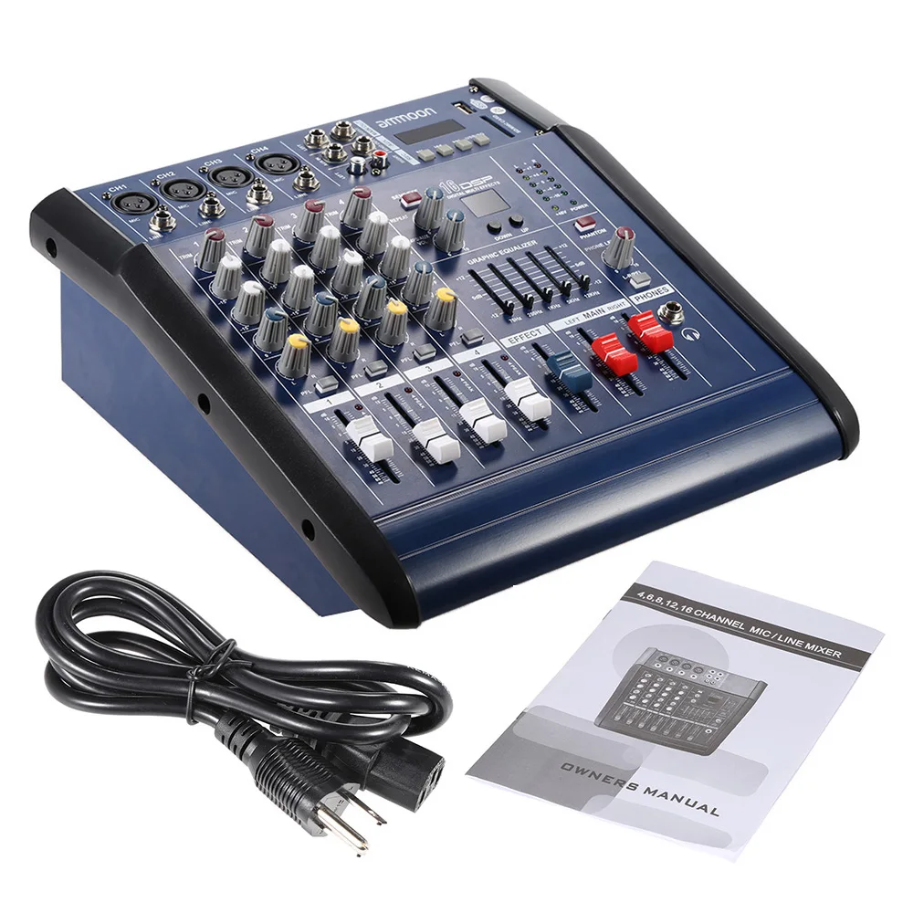 Ammoon PMX402D-USB 4 канальный цифровой линия для микрофона аудио микшерный пульт 16 встроенными звуковыми эффектами для Запись для ди-Джея свет для сцены парти караоке