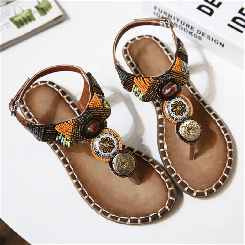 Женские богемные босоножки YAERNI летние на плоской подошве в стиле бохо с