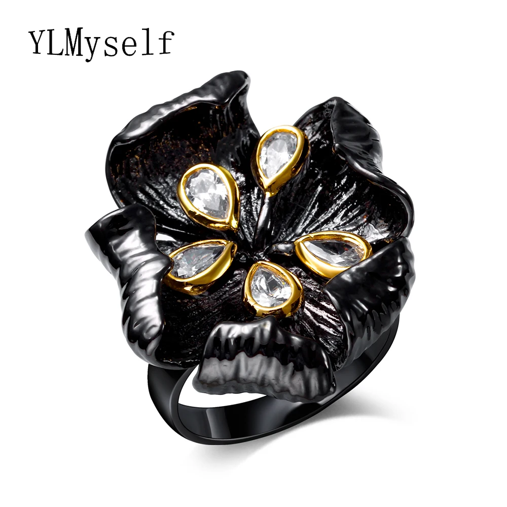 Цветок Черное кольцо ювелирные изделия Анель aneis anillos bague femme женские модные ювелирные изделия винтажные Женские коктейльные кольца