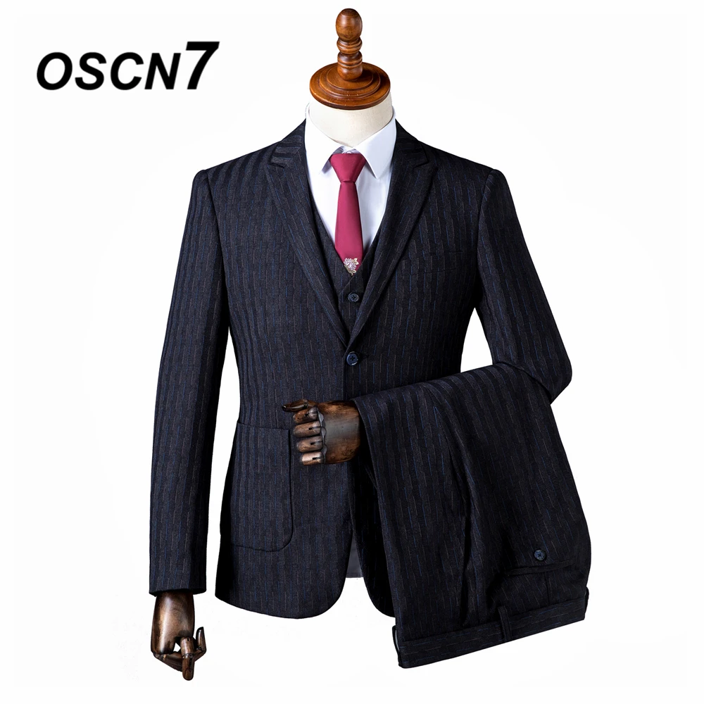 OSCN7 2019 заостренный лацкан в полоску Костюмы Под заказ Для мужчин Slim Fit Свадебная