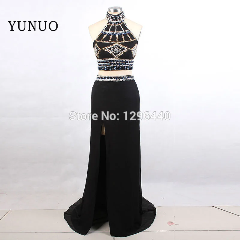 Халат Де Вечер Высокая Шея Длинные Вечерние Платья Черный Шифон Банкета Кристалл