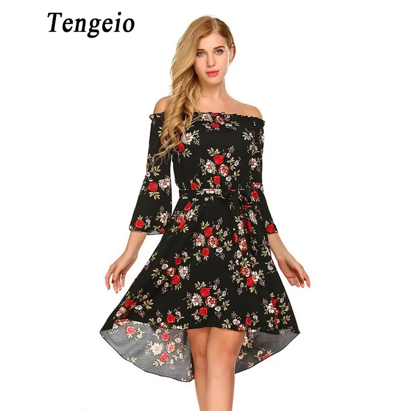 Tengeio Лето Для женщин Boho Цветочные с открытыми плечами платье 3/4 Flare рукавом