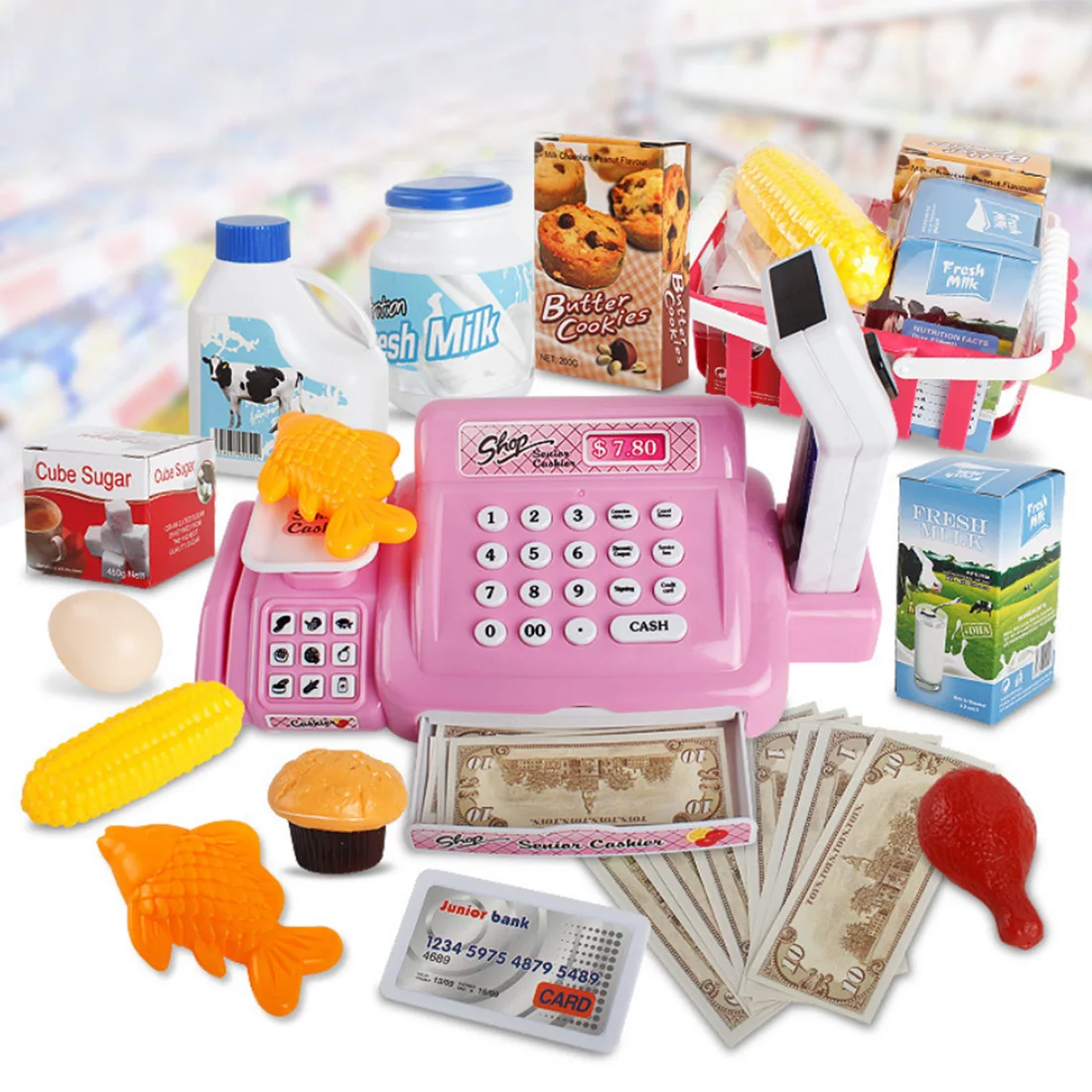 Горячая 24Pcs Дети ролевые игры моделирование шоппинг Игрушка Супермаркет кассовый аппарат игровой набор дети ребенок ролевые игры игрушка-розовый
