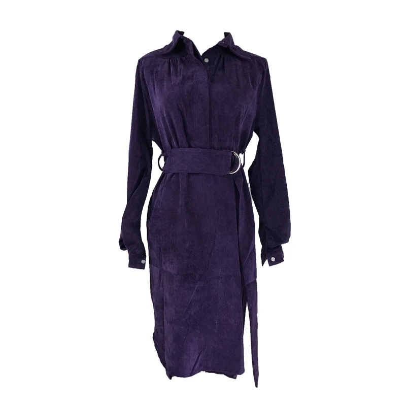 

PERHAPS U Khaki Purple Turn Down Collar Corduroy Long Sleeve Sash Knee Length Dress Elegant Winter Autumn Fall D0860