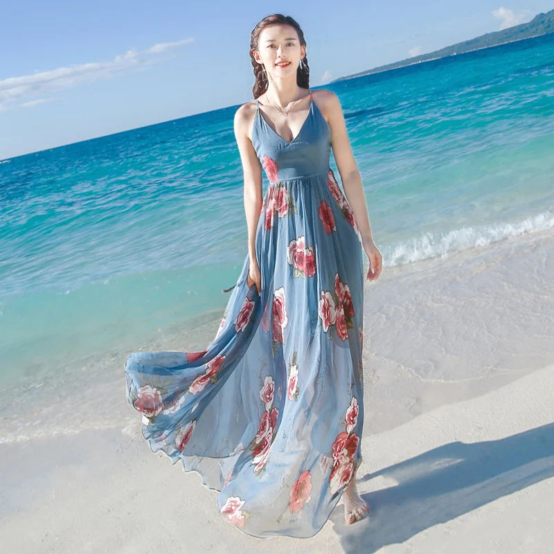 Женское длинное платье Boho пляжное без рукавов с глубоким треугольным вырезом и